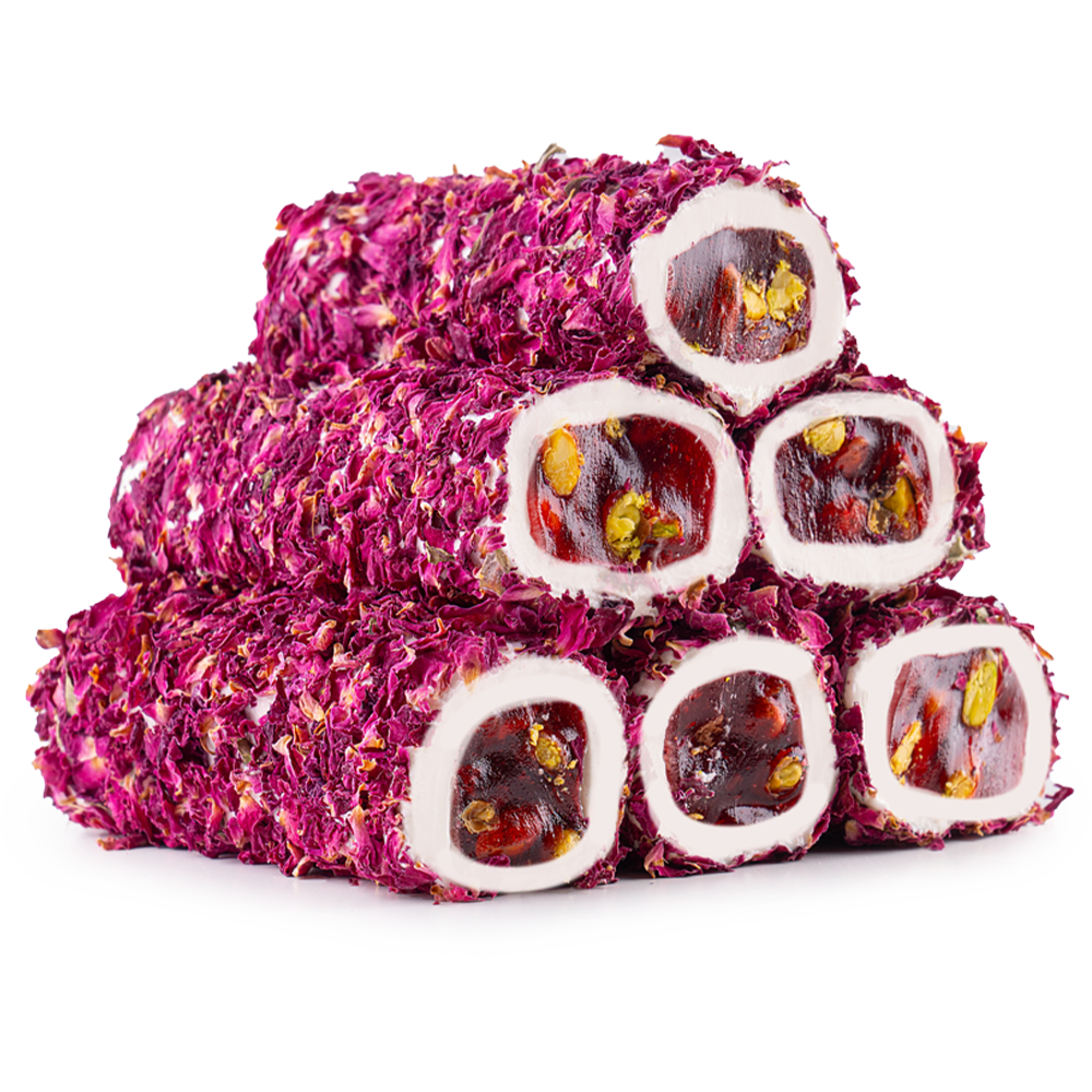 Milk Turkish Delight with Rose Petals, Pomegranate, and Pistachios